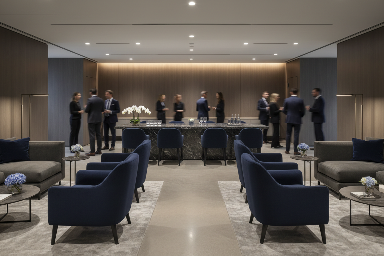 An event in a quiet luxury executive office with navy and gray colors. Blur people.