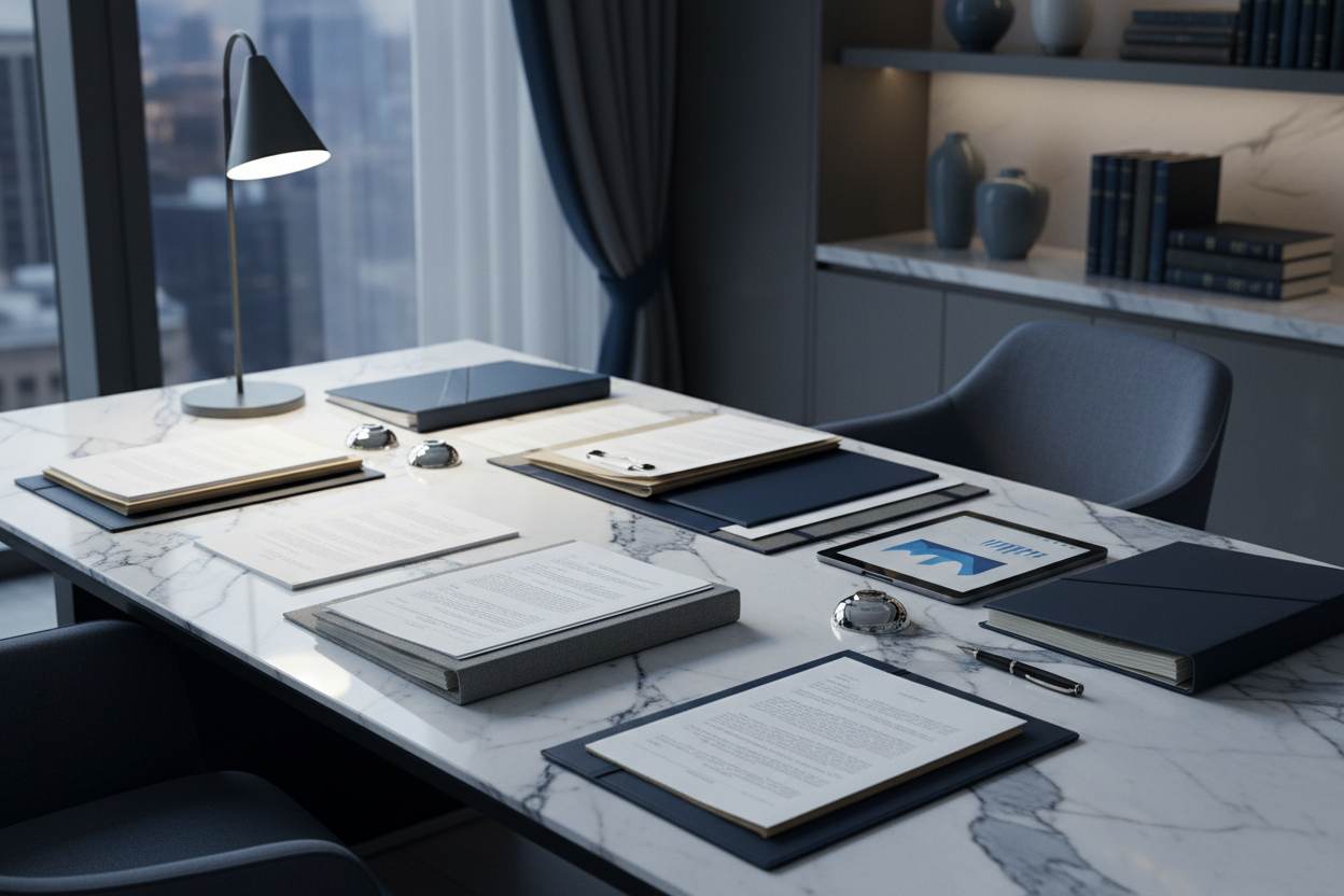 Corporate affairs management without people with documents on marble desk in a quiet luxury Navy and gray executive office with soft white illumination.