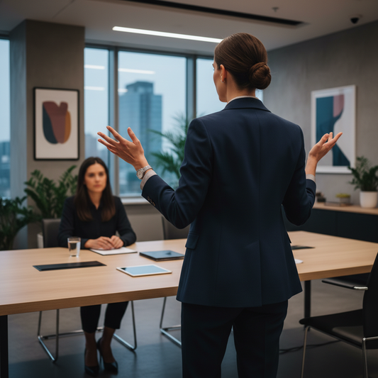 Executive woman back talking with blur customer